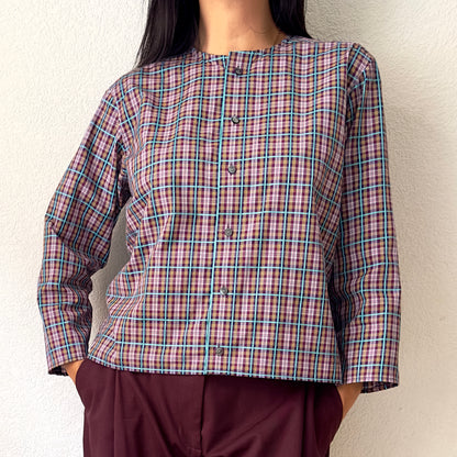 Purple Plaid Shirt - open back with bow- Upcycled Shirt 47 - S-M