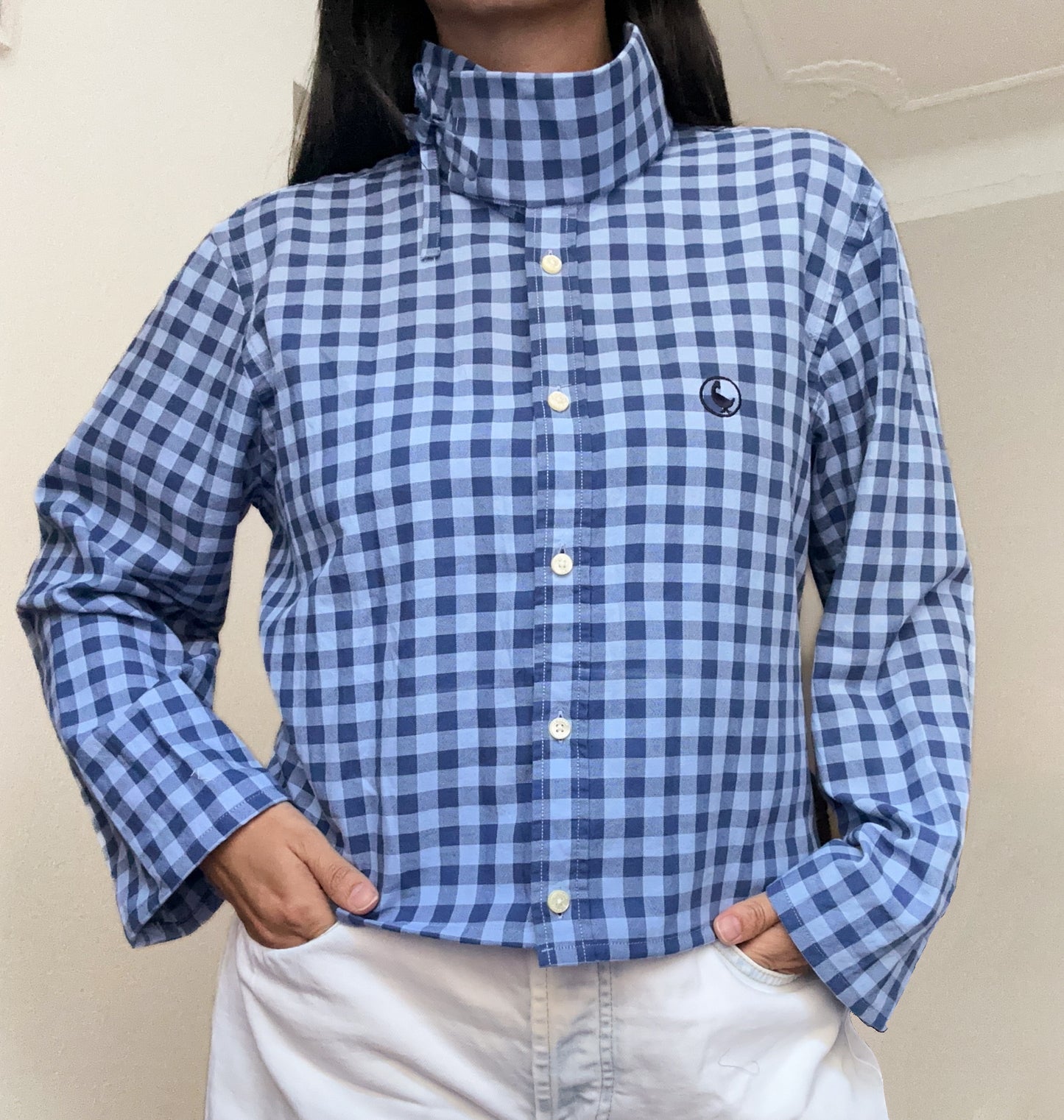 Mock Neck Plaid Shirt - Upcycled Shirt 53 - M-L, Cotton