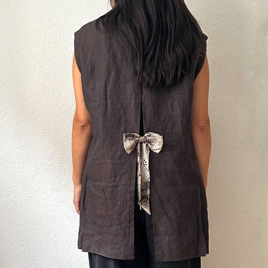 Upcycled Bow Vest Brown/ Removable Silk Bow - size L