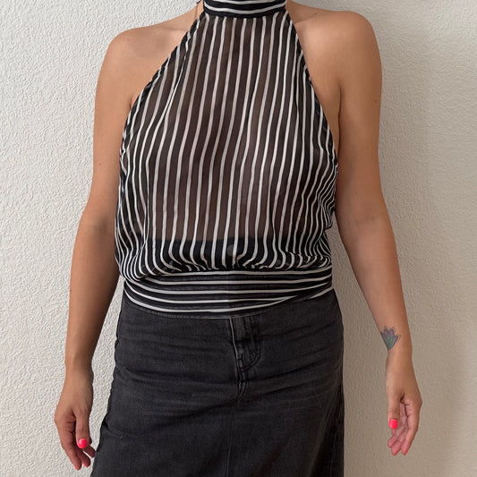 Striped Backless Silk Top - size M