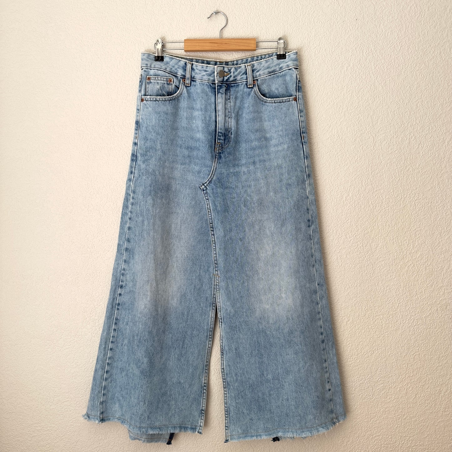 Upcycled Denim Maxi Skirt 11 - Acid Wash/Frayed - Size M
