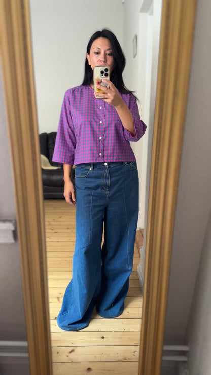 Fucsia Plaid Shirt - open back with bow- Upcycled Shirt 48 - S-M