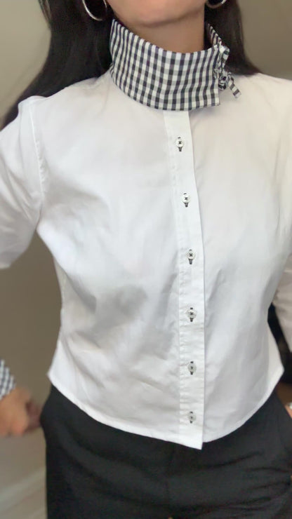 Mock Neck White Checks Shirt - Upcycled Shirt 57 - S, Cotton