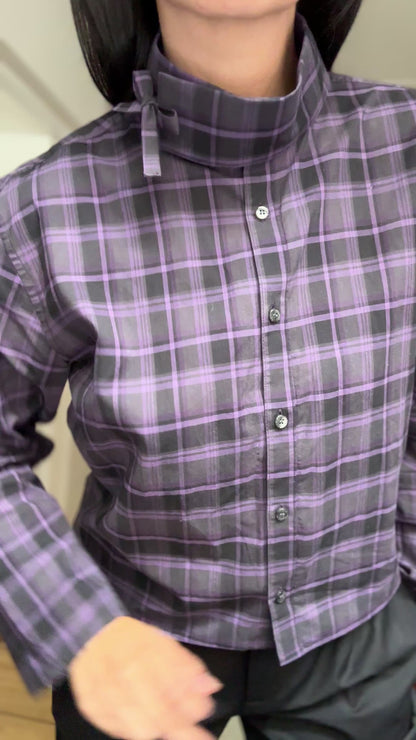 Mock Neck Black/Purple Plaid Shirt - Upcycled Shirt 54 - M-L, Cotton