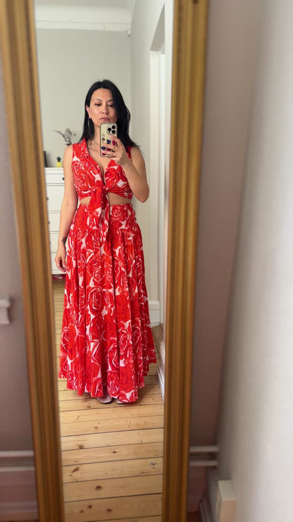 Vintage Floral Silk Set - cropped blouse + Full Skirt - size M