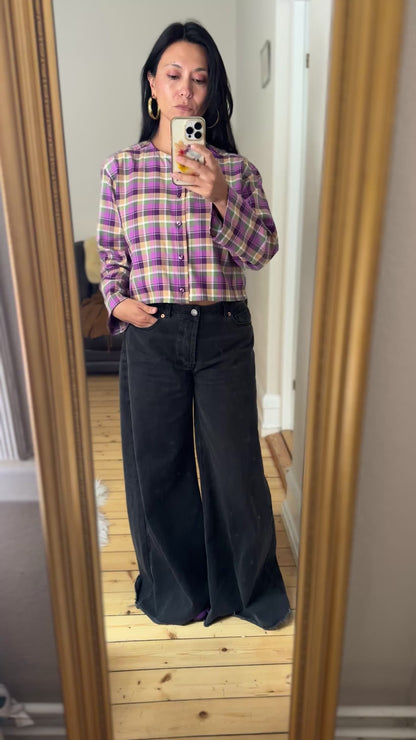 Purple Plaid Shirt - open back with bow- Upcycled Shirt 50 - S-M