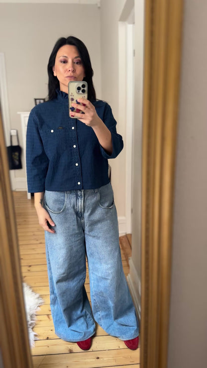 Denim Ruffle Neck Shirt - Upcycled Shirt 65 - S-M, Organic Cotton