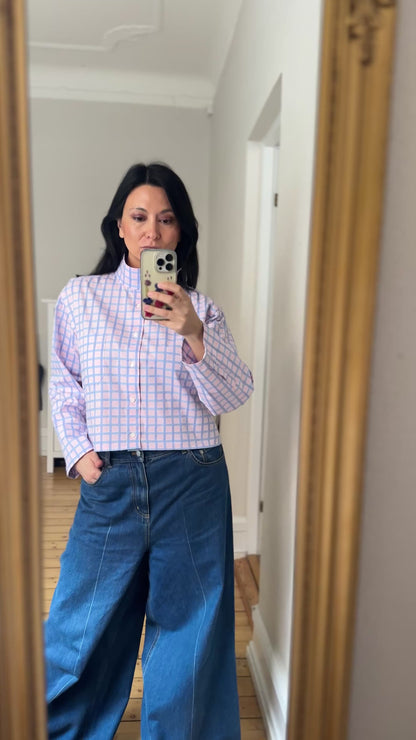 Mock Neck Pink Plaid Shirt - Upcycled Shirt 62 - M-L, Cotton