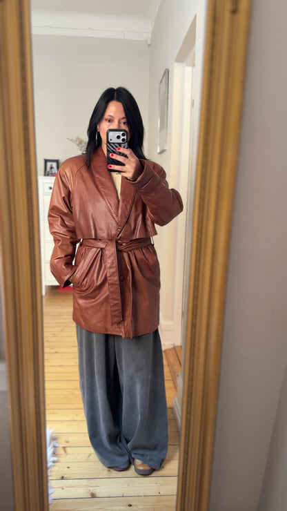 Vintage Brown Belted Leather Jacket - size S