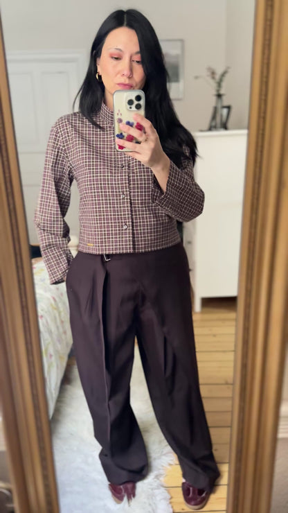 Mock Neck Brown Burgundy Plaid Shirt - Upcycled Shirt 60 - S, Cotton