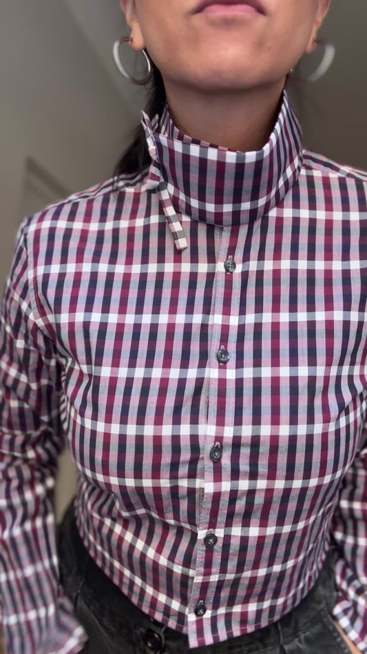 Mock Neck Burgundy Plaid Shirt - Upcycled Shirt 55 - S, Cotton