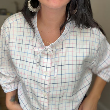 Stand Collar Bow Shirt - Upcycled Shirt 72 - M-L, Cotton