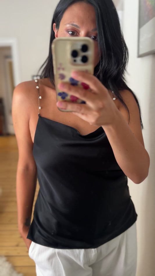 Black Silk Top with Embellished Straps - size S