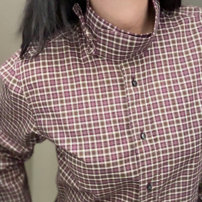 Mock Neck Brown Burgundy Plaid Shirt - Upcycled Shirt 60 - S, Cotton