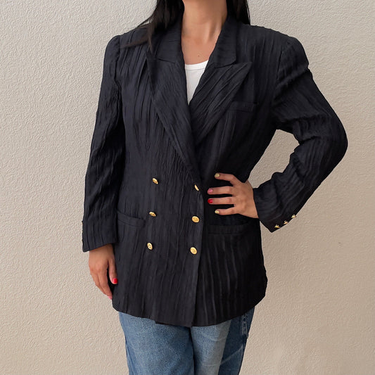 Vintage Black Silk Blazer - Textured Silk