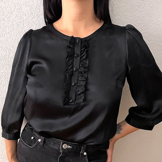 Tibi Black Silk Blouse - ruffled placket