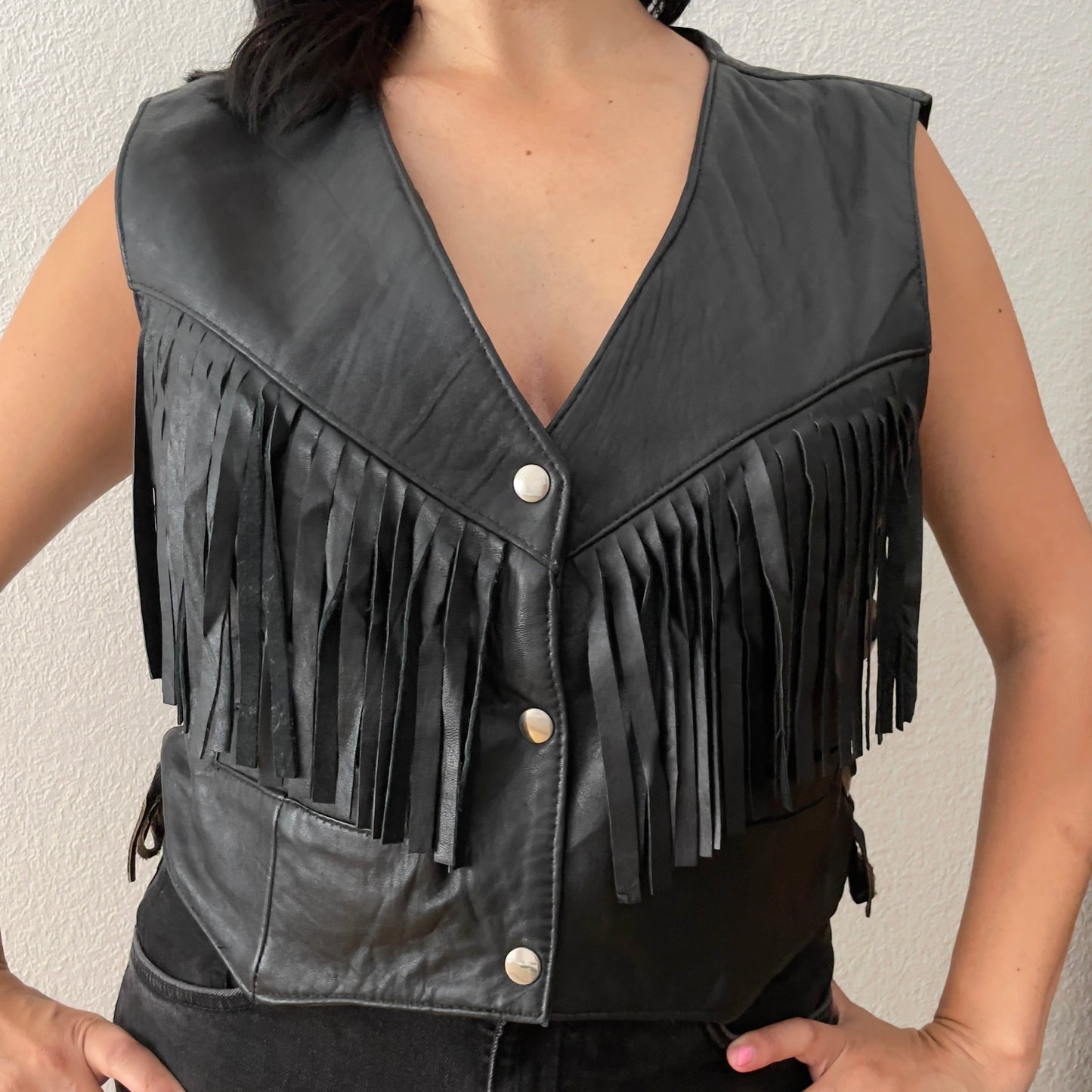 Vintage Black Leather Fringe Vest