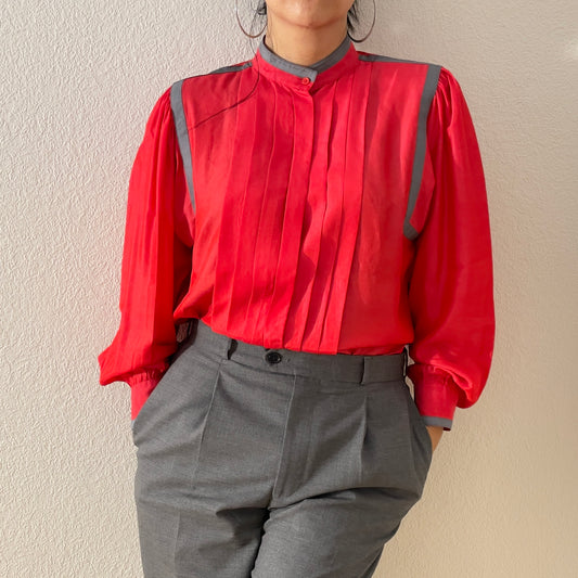 Vintage Pleated Red Silk Blouse