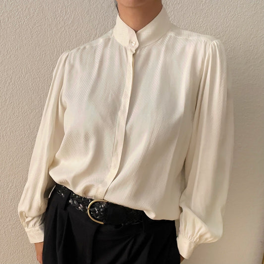Vintage Ivory Mandarin-Collar Pure Silk Shirt -Eton
