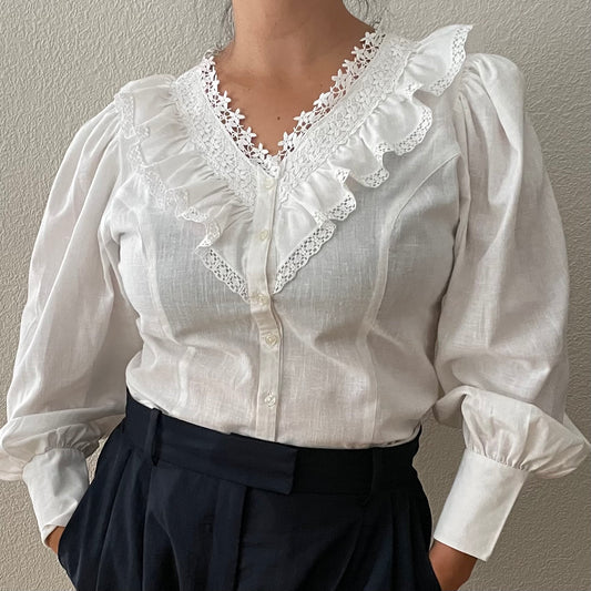 Vintage Lace Trim Blouse - Golden Bridge - Romantic