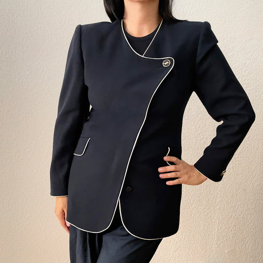 Vintage Fitted Navy Blue Wool Blazer