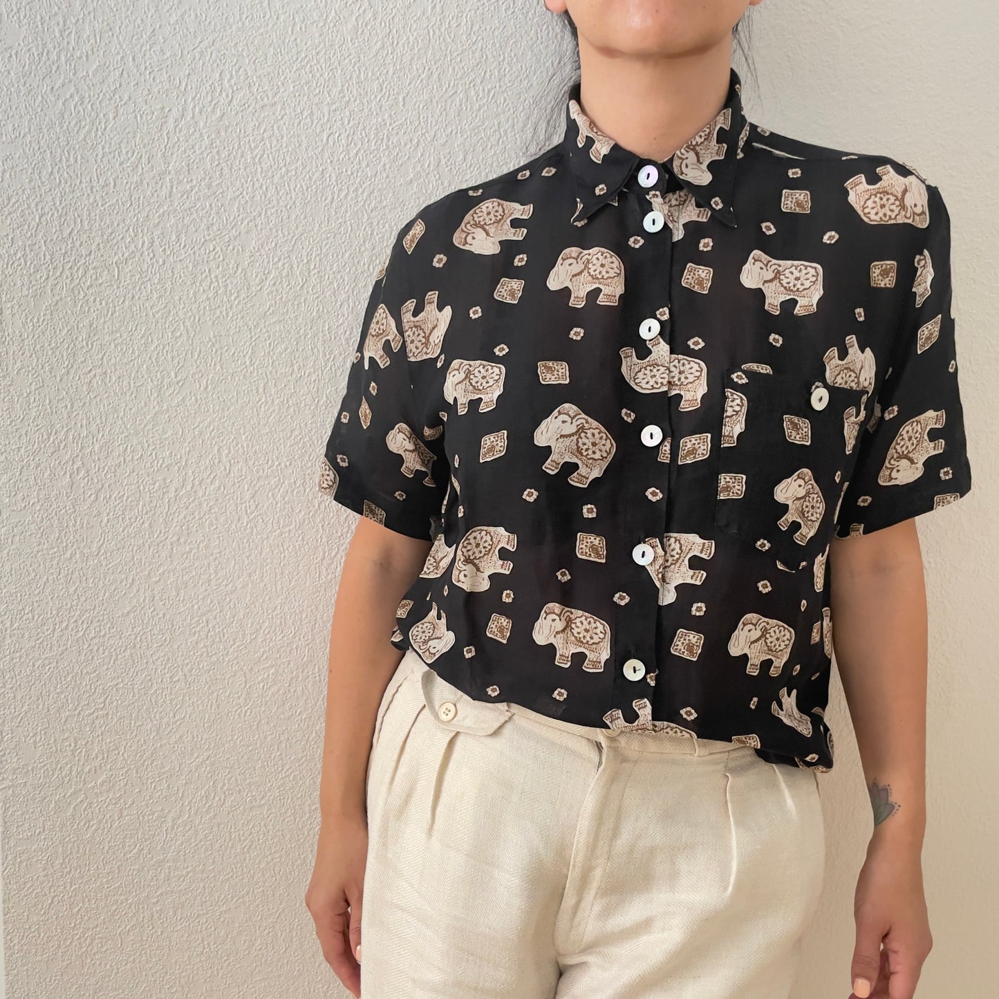 Vintage Linen Blend Shirt - Elephant Print - Betty Barclay